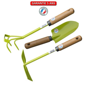 Pack 3 outils. Contient un transplantoir, une griffe piocheuse et une serfouette