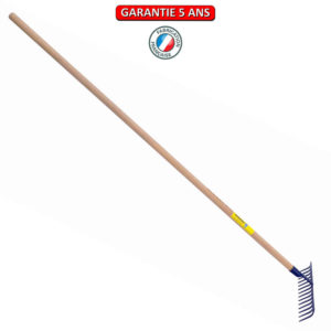 Râteau forgé, 16 dents courbes.  Emmanché 165.  Outil à main de jardin.