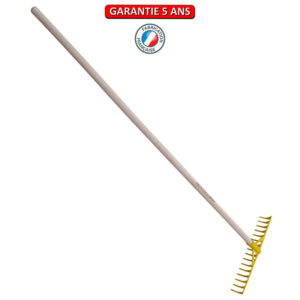 Râteau fibre jaune à bunker, 16 dents courbes.  Emmanché droit 150.