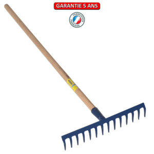 Râteau soudé, 16 dents courbes.  Emmanché 150 cm.