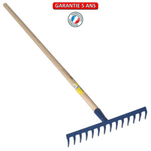 Râteau soudé, 16 dents courbes.  Emmanché 165.  Outil à main de jardin.