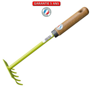 Râteau à fleurs, 5 dents.  Longueur du manche: 14 cm.  Outil à main de jardin.