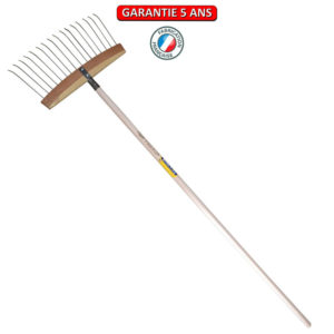 Balai à feuilles et gazon "bois/acier" manche 1,65 m, dents rigides.