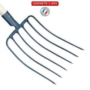Fourche à ensilage, 6 dents. Emmanché cintré 135.  Outil à main de jardin.