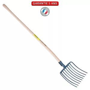 Fourche à huitres, 9 dents, 37 cm. Emmanché cintré 135. Outil à main de jardin.
