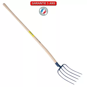 Fourche à fumier à douille, 5 dents 29 cm.   Emmanché cintré 135.